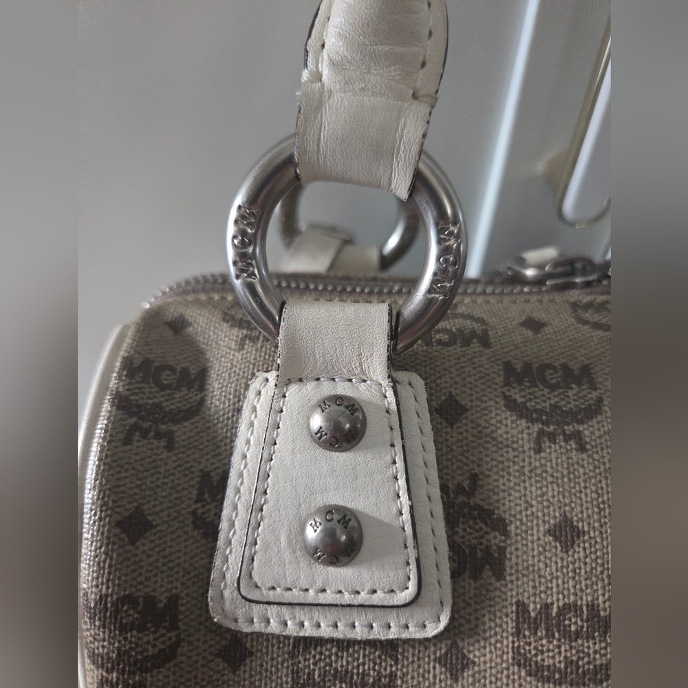 MCM Brown Monogram Satchel with Cream Trim - Picture 6 of 15